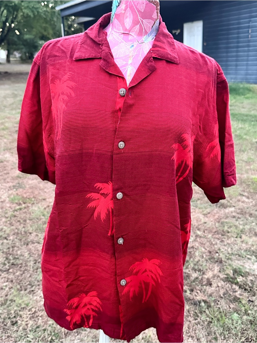 Casual Short-Sleeve Red Palm Print Button-Down Shirt